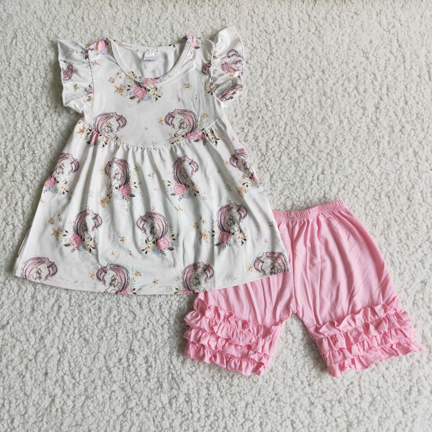 A6-9-1 Girl White Cartoon Unicorn Pink Shorts Outfit-promotion 2024.3.2