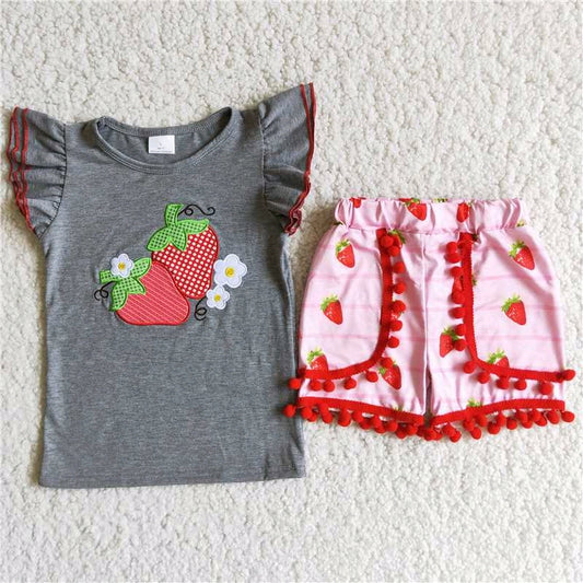 Strawberry Red Grey short sleeve T-shirt Pink Ruffle Pants Outfit