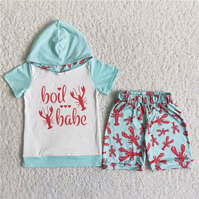 Red Boil Babe Lobster blue Hoodie shorts Set