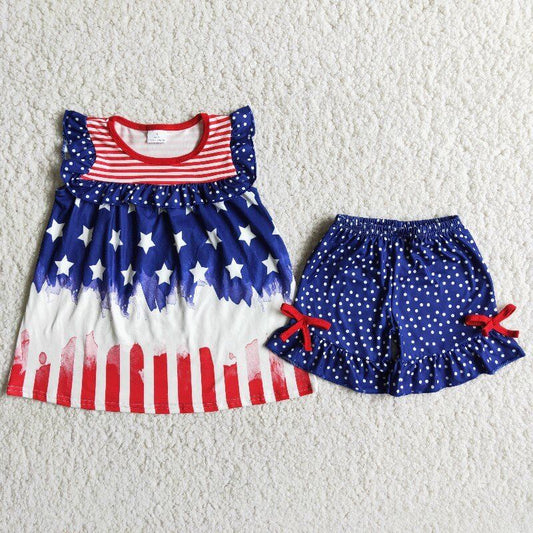 America Red Top Girl American Flag Print Ruffle Shorts Set