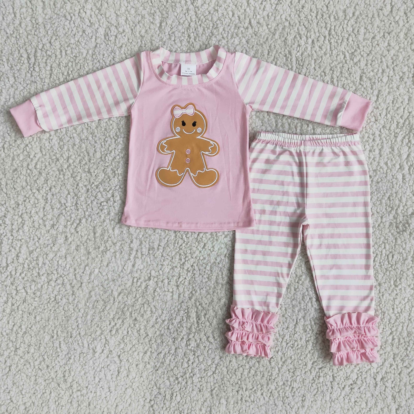 Gingerbread Girl Pink Embroidered Ruffle Stripe Pajamas Set