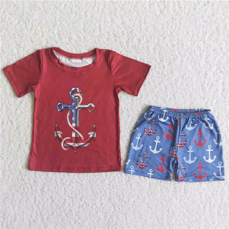 Spear red top blue print ruffle shorts set