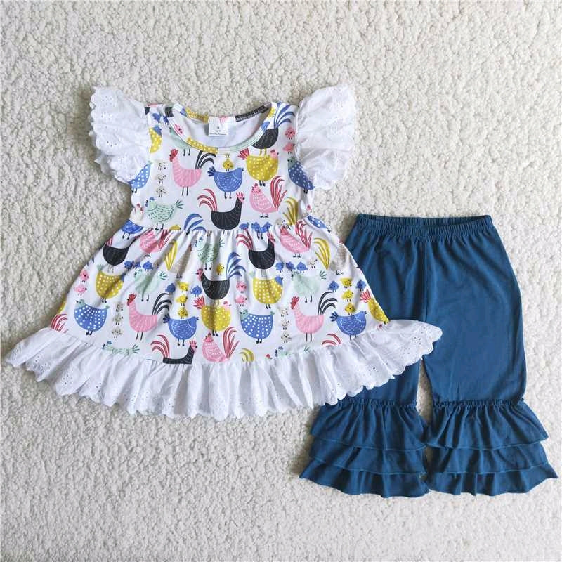 Chicken Girl lace Short Sleeve Top Blue Ruffle Shorts Set