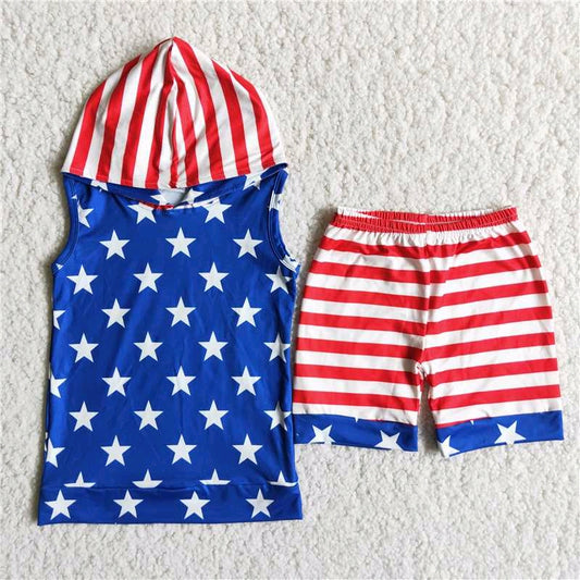 American Flag star print red white stripe Hoodie shorts Set