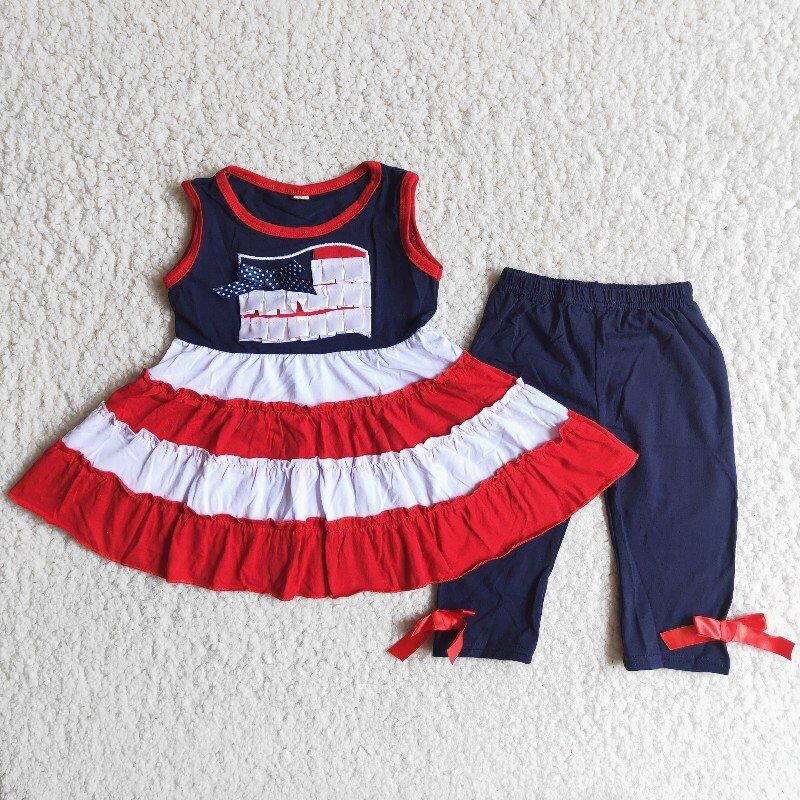 American Flag print embroidered Top blue pants Set