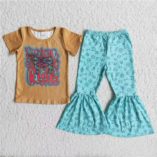 Cattle  Brown Top Bell Bottom Pants Girl Set