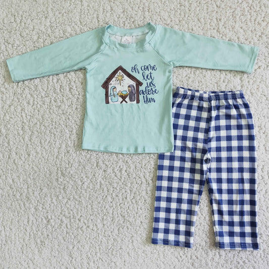 blue Jesus print top plaid pants Outfit