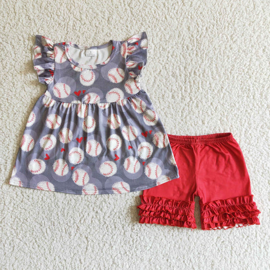 baseball red ruffle Shorts Set