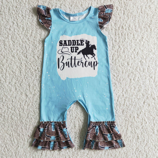 SADDLE Up buttercup ruffle horse blue romper