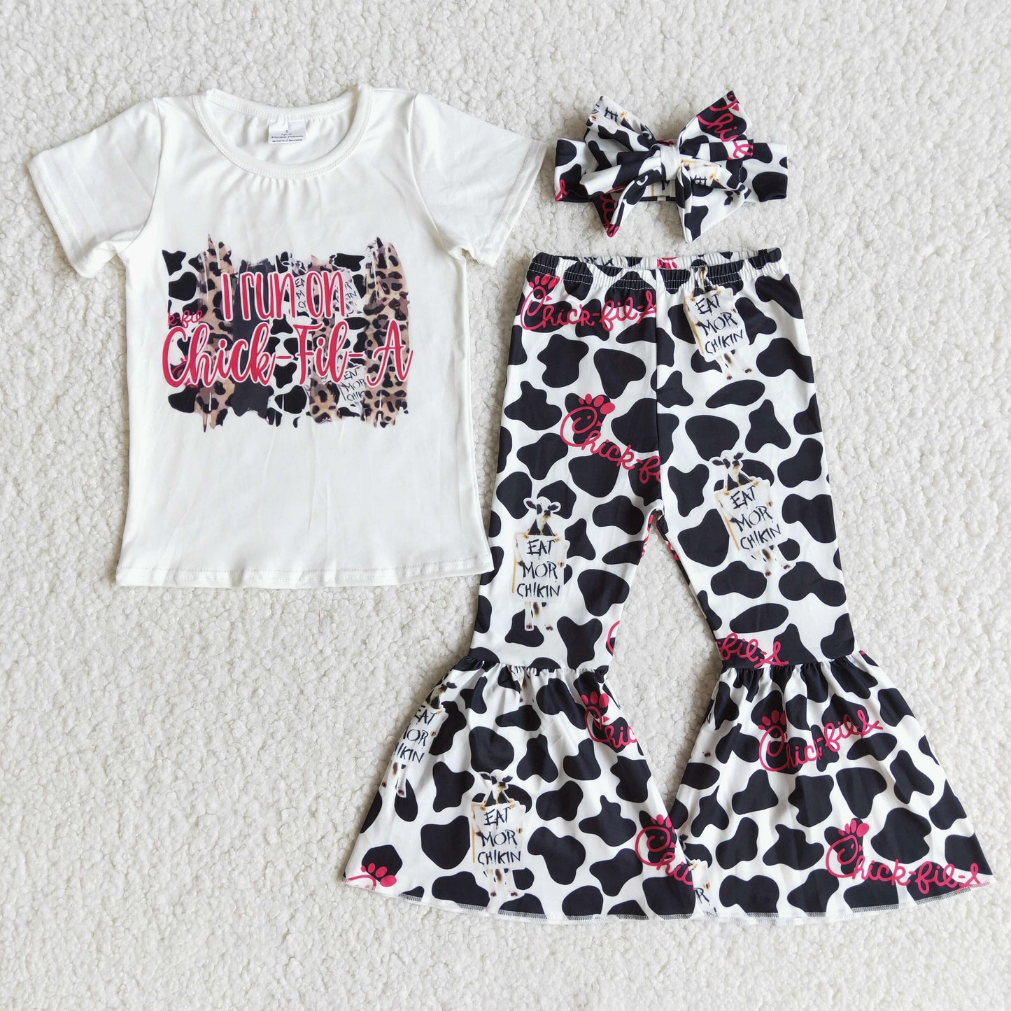 I run on Chick-Fil-A White T-shirt COW print BOW SET