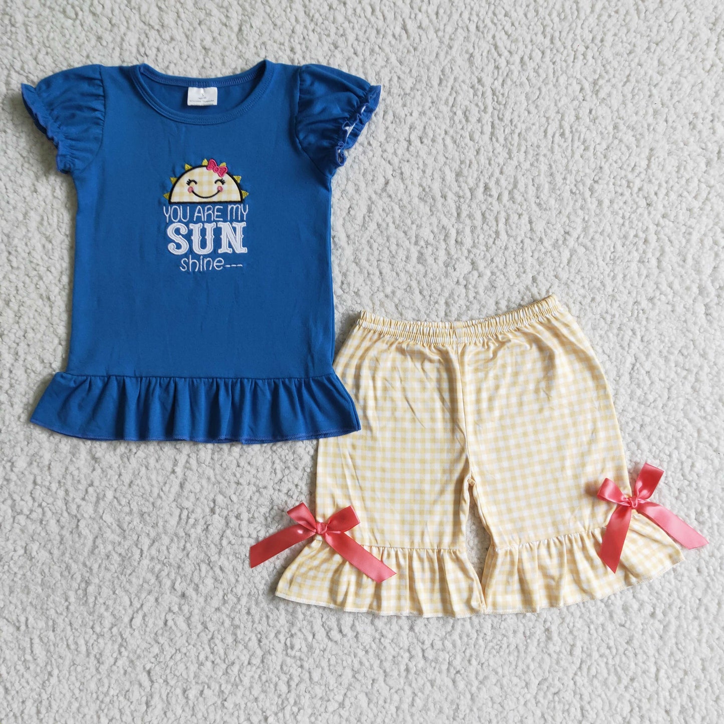 You are my sunshine embroidery ruffle Top girl shorts set