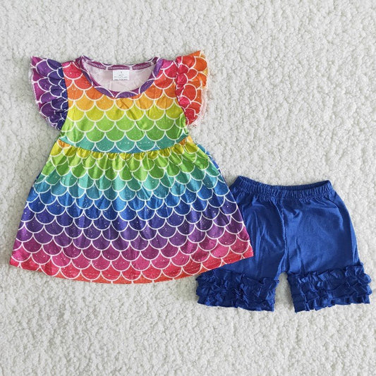 A7-4 Girl Colorful Scale Navy Shorts Outfit-promotion 2024.3.9