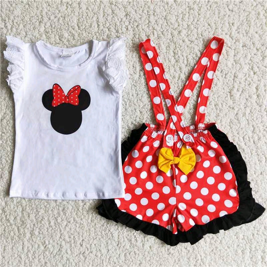 Mouse t-shirt red polka dot suspender shorts sets A7-16