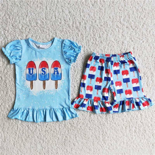 USA Ruffle Top Girl Blue Shorts Set