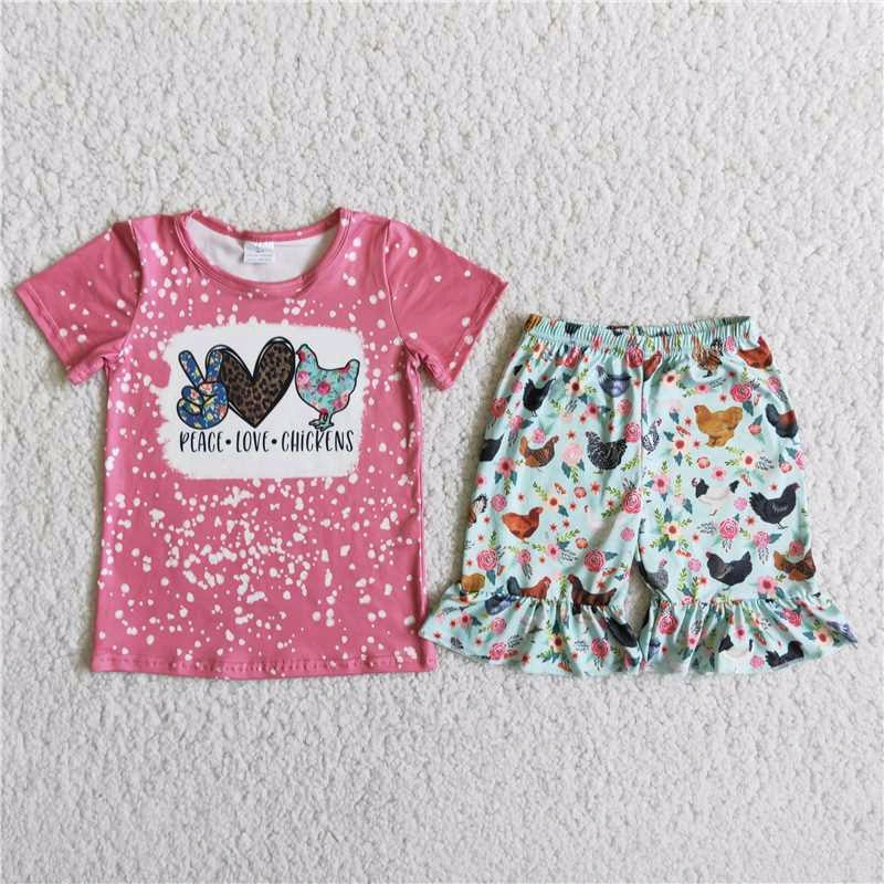 Peace love Chicken Girl Pink lace Short Sleeve T-shirt Shorts Set