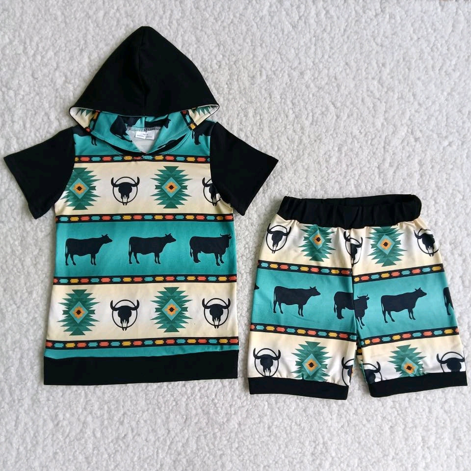 Cattle blue & black Hoodie shorts Set