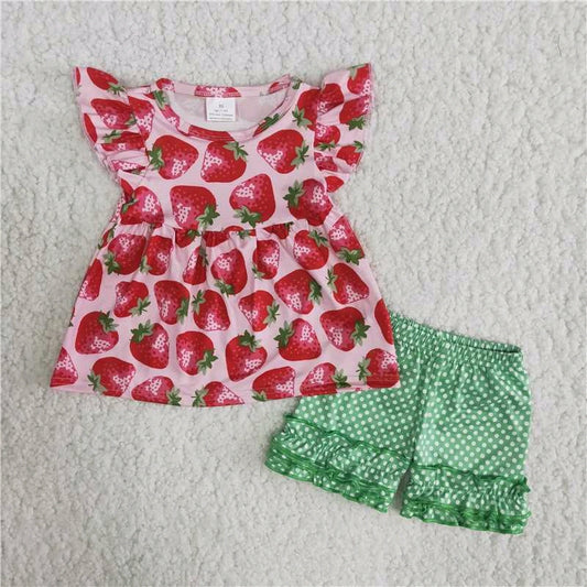 Strawberry Red short sleeve T-shirt Green Ruffle Pants Outfit