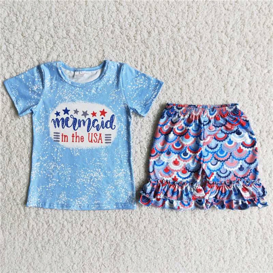 Mermaid In the USA Blue Top Girl Ruffle Shorts Set