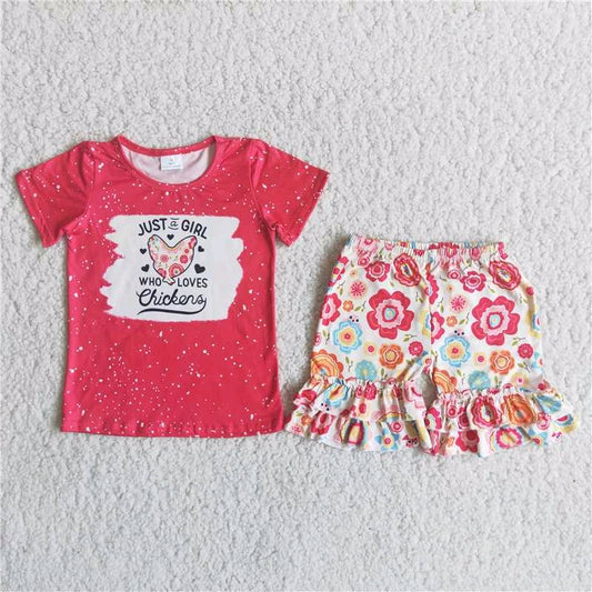 Red Chicken Girl Short Sleeve T-shirt Ruffle Shorts Set