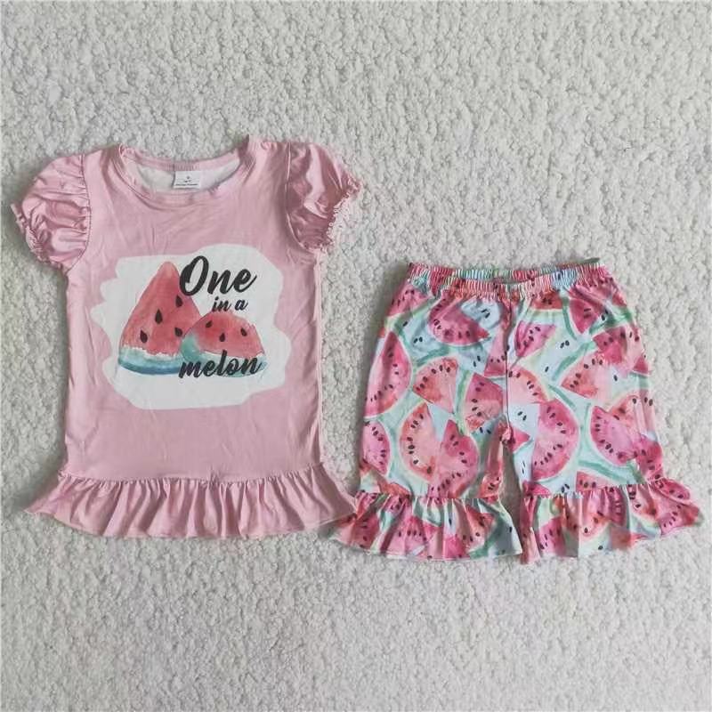 Watermelon pink short sleeve T-shirt  Ruffle Pants Outfit