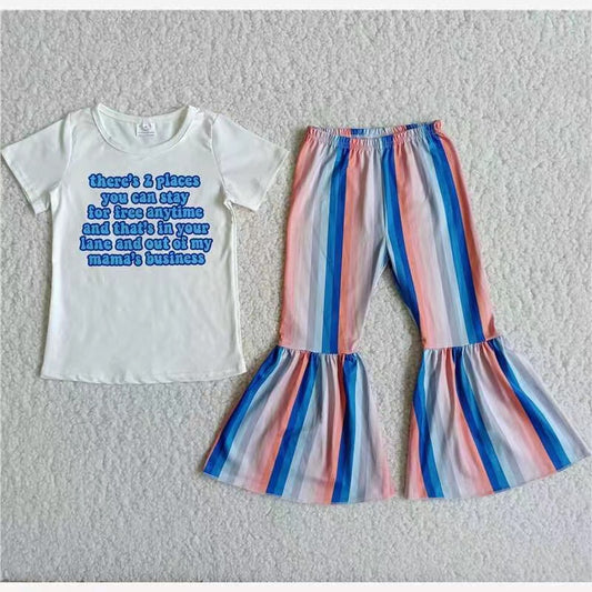 Letter Top Stripe Bell Bottom Pants Girl Set