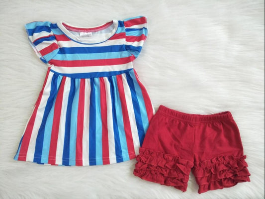 USA Blue Top Girl Red Ruffle Shorts Set