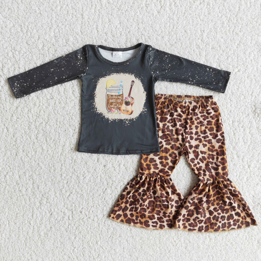 Piano Black T-shirt Leopard bell bottoms pants set