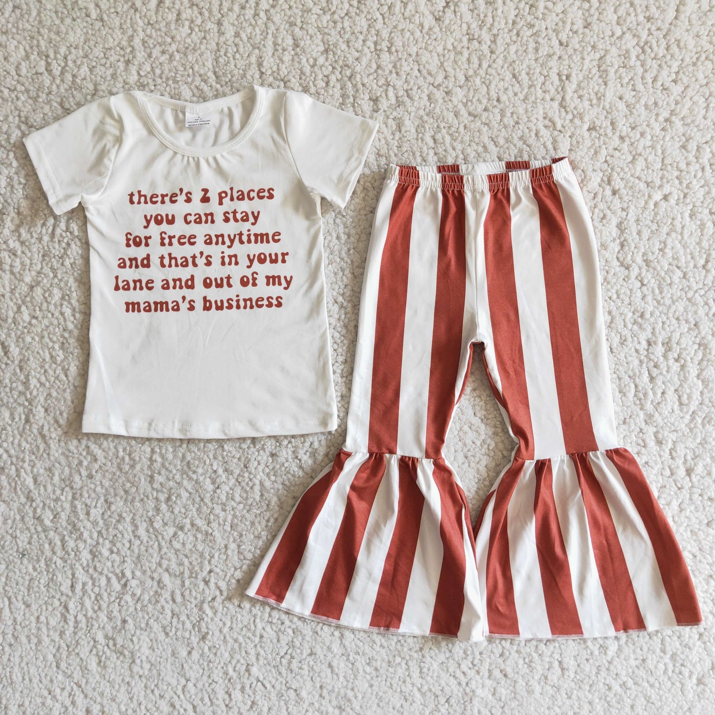 Letter white top stripe bell bottom pants outfit