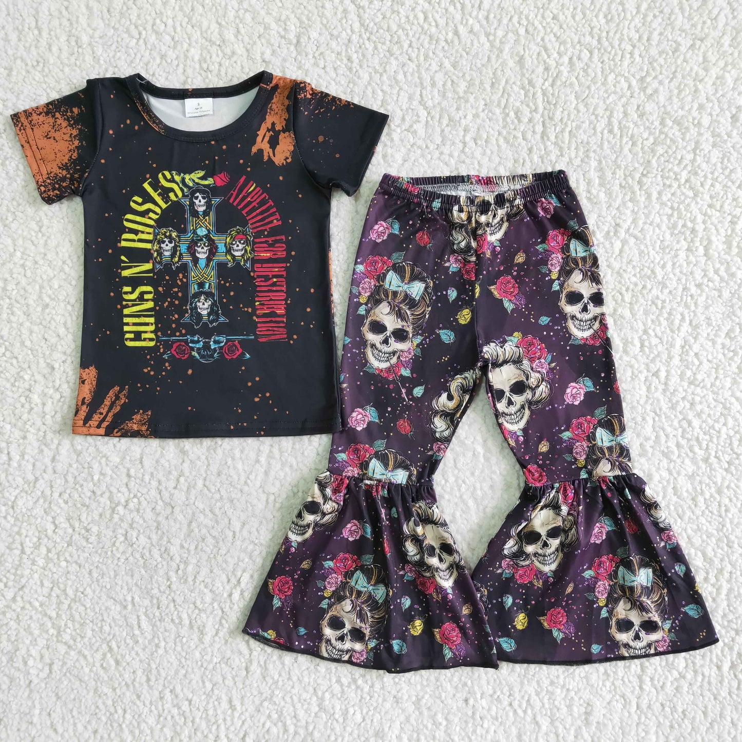 Skull black short sleeve T-shirt bell bottom pants set