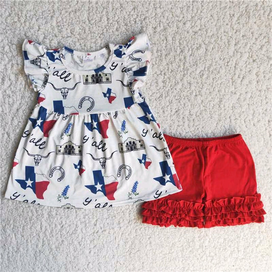 National day Top red Ruffle Shorts Set