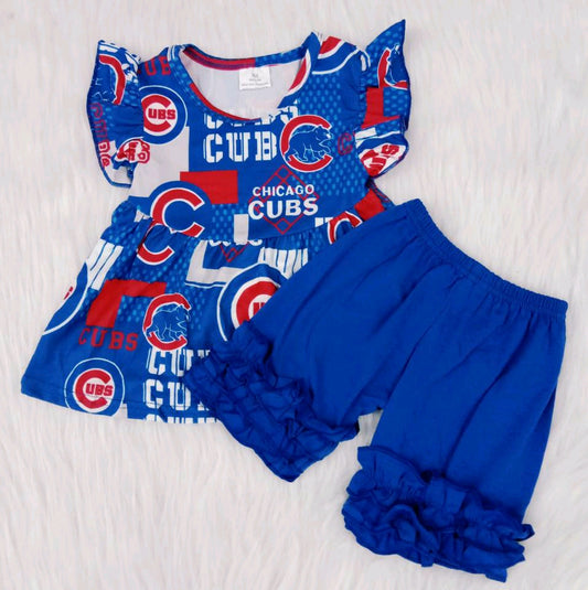 National day Blue Top Girl Blue Ruffle Shorts Set