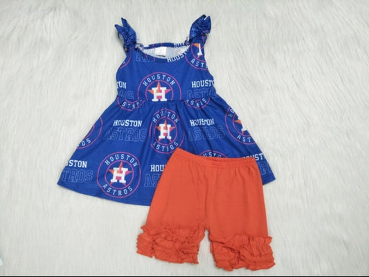 National day Blue Top Girl Orange Ruffle Shorts Set