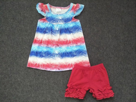 National day Stripe Top Girl Red Ruffle Shorts Set