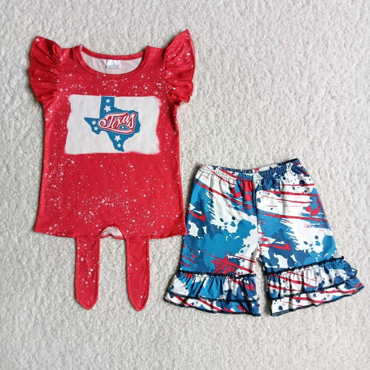 National day red Top Girl Ruffle Shorts Set