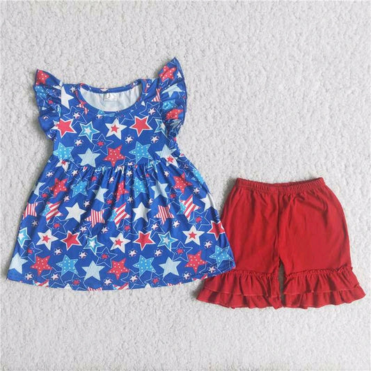 National day blue Star Top red Ruffle Shorts Set