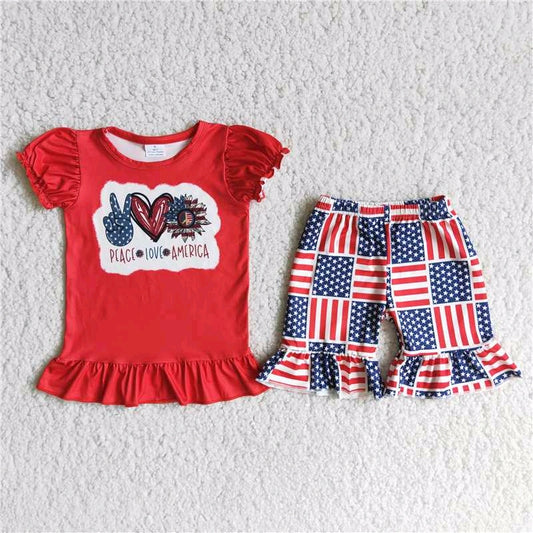 peace love American red Top Ruffle Shorts Set