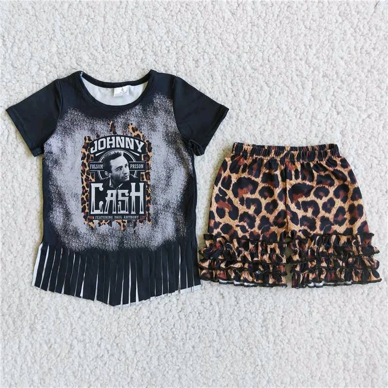 Johnny guitar  tassel black t-shirt short sleeve T-shirt leopard shorts set