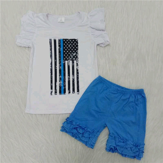 White Top Girl Blue Ruffle Shorts Set