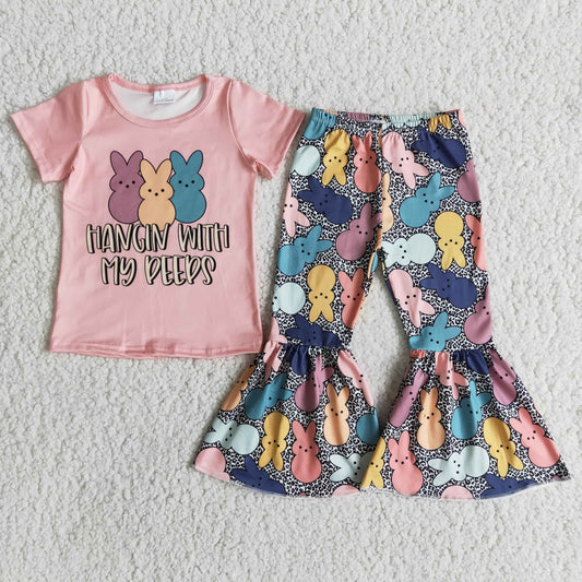 Easter Bunny Pink T-shirt Bell Bottom Pants Outfit