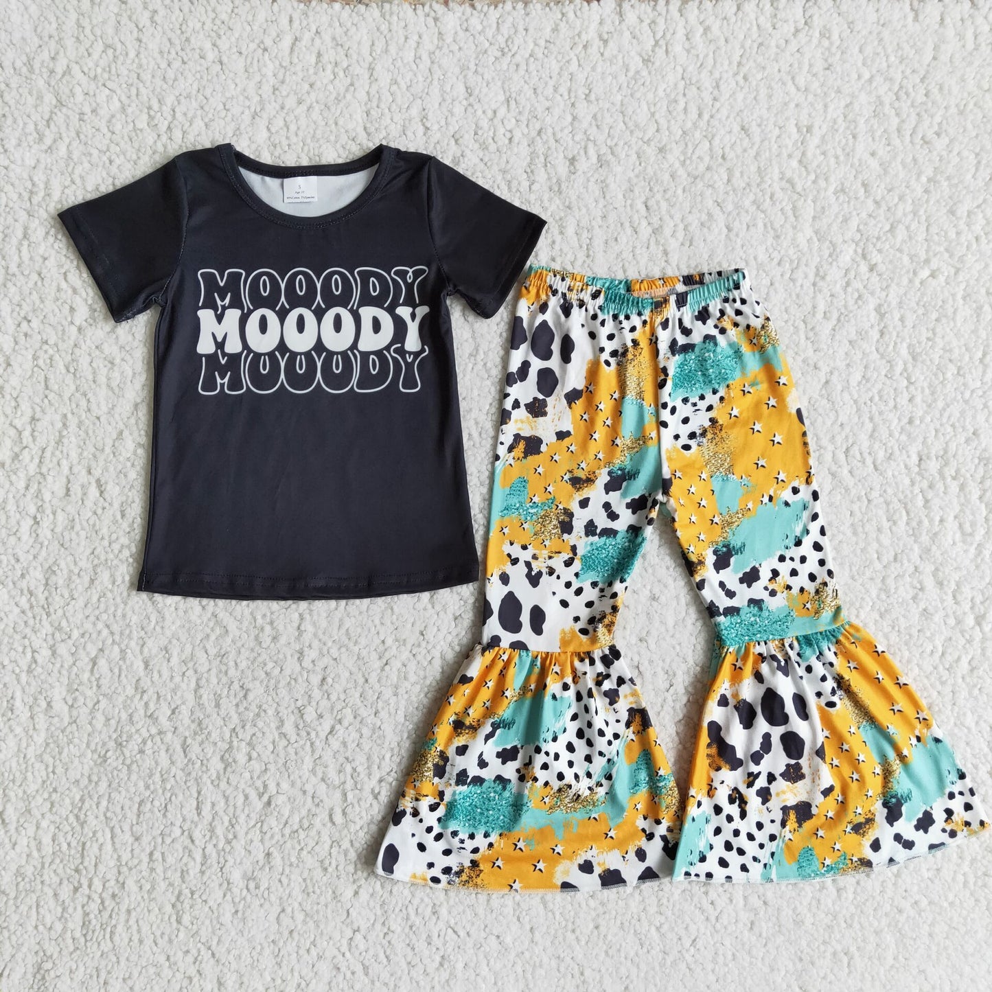 Mooody black T-shirt Cow print Bell Bottom Pants Set