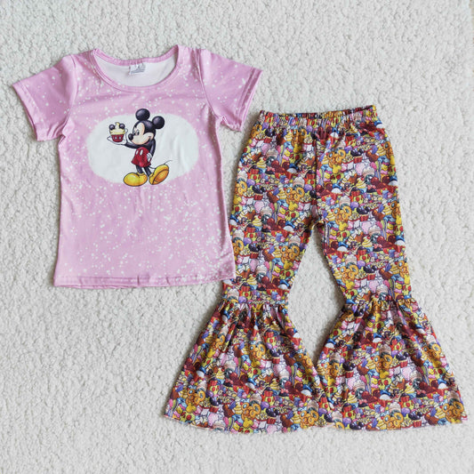 Cartoon Pink T-shirt Bell Bottom Pants Outfit