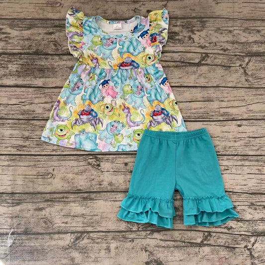 Cartoon flutter top blue  ruffle shorts set-preorder