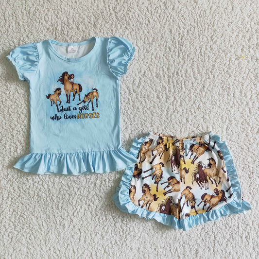 horse blue flutter sleeve top ruffle shorts set