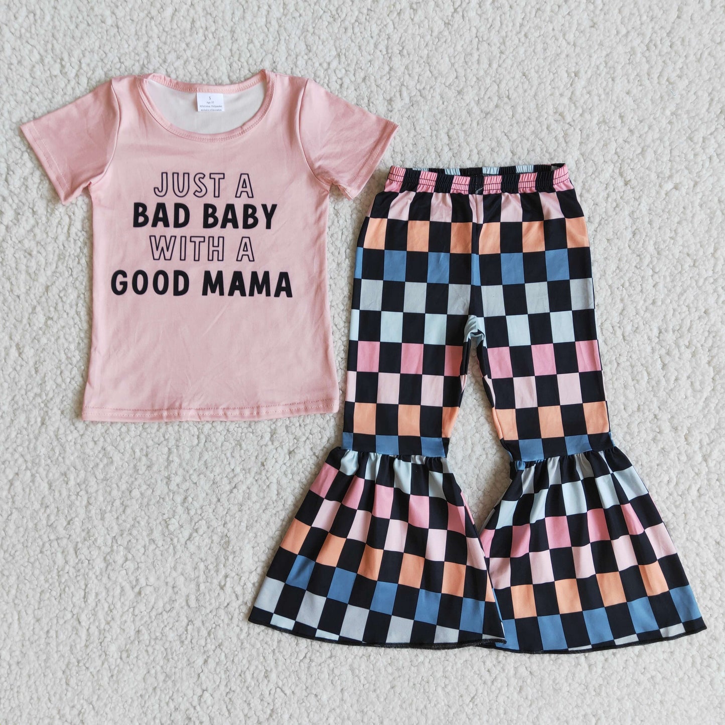 Just a bad Baby with a good mama pink T-shirt colorful plaid pants set