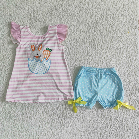 Easter rabbit pink flutter sleeve top blue ruffle shorts set