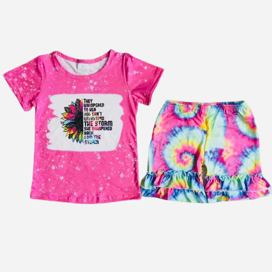 Sunflower pink T-shirt Tie-dye Ruffle shorts Set