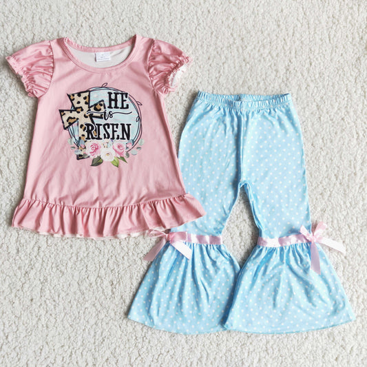 He is risen pink T-shirt girl blue Polka bell bottom set