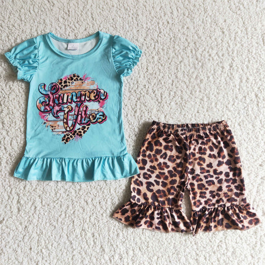 summer Vibes blue T-shirt leopard ruffle Shorts Set