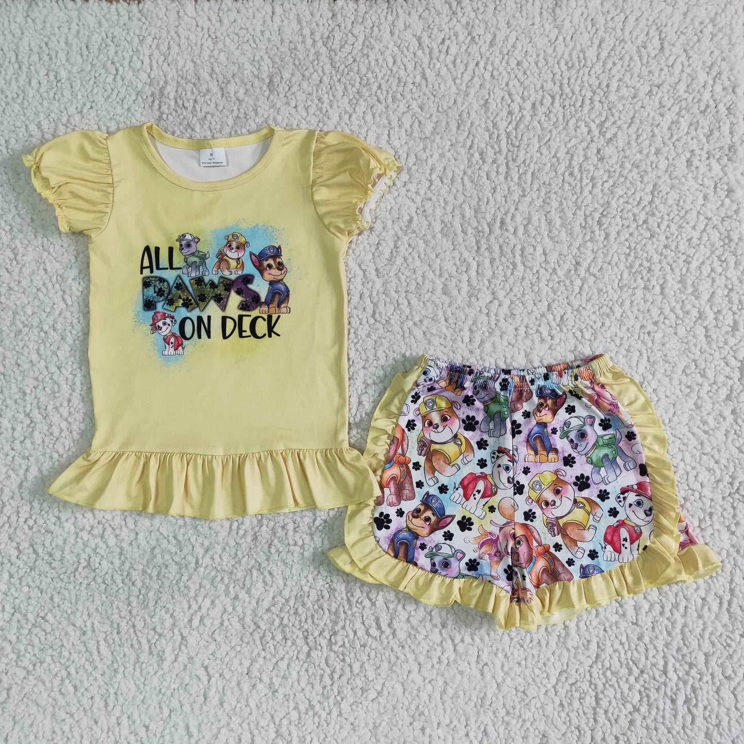 all Paws on deck yellow flutter sleeve top ruffle shorts set