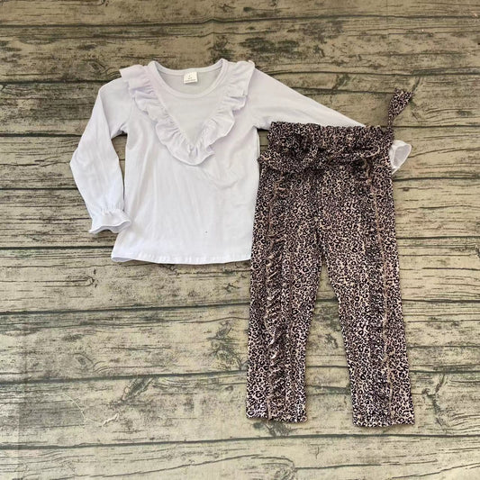 Ruffle White Top leopard Ruffle Pants Set